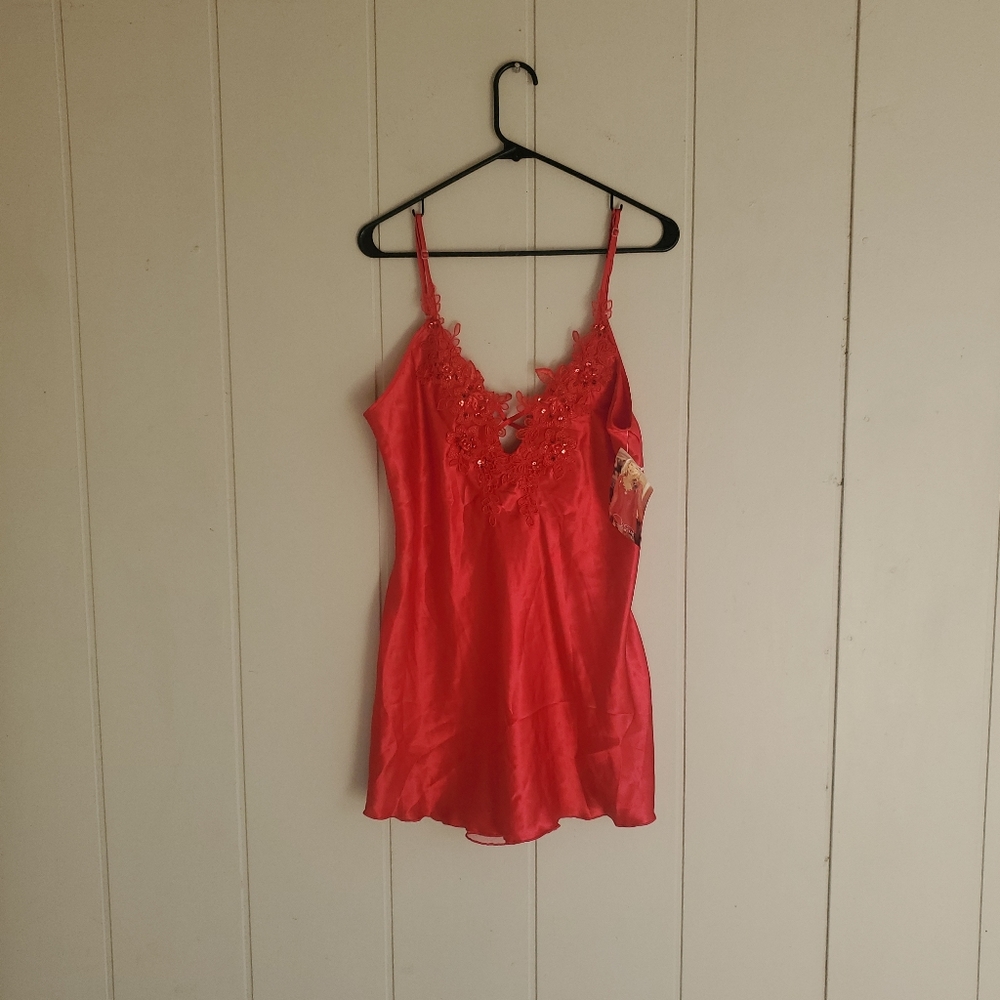 VTG SHIRLEY of HOLLYWOOD RED LINGERIE BABY DOLL TEDDY Sexy Beaded Dress